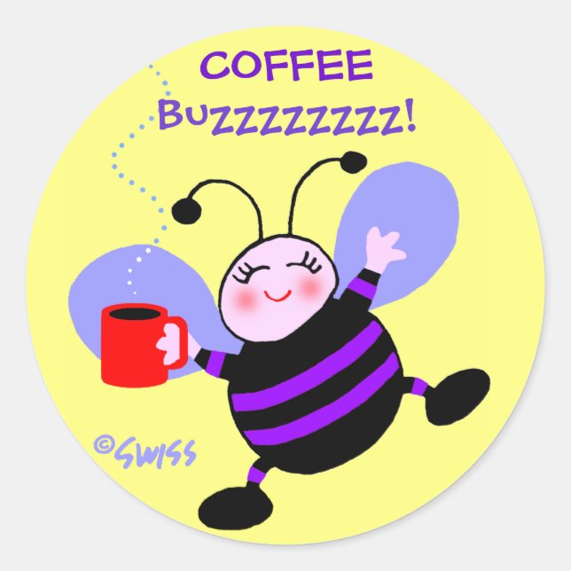 Cute Coffee Caffeine Buzz Busy Bee Purple Stripes Classic Round Sticker (Front)
