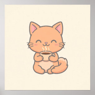 Cute Coffee Cat - Kawaii Cat Drinking Coffee Poster