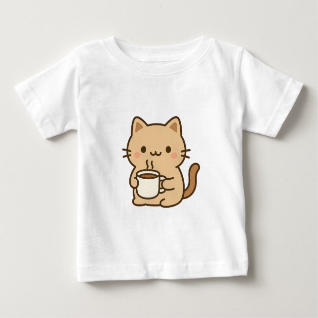 Cute Coffee Cat Kawaii Cozy Aesthetic Design Baby T-Shirt (Front)