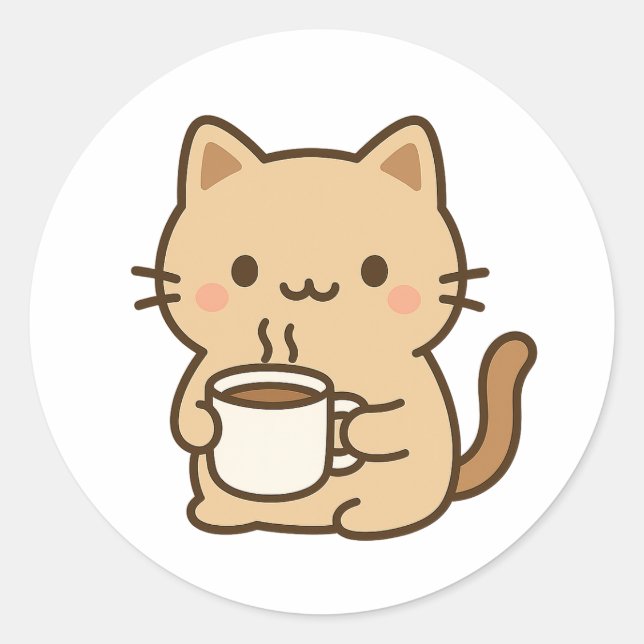 Cute Coffee Cat Kawaii Cozy Aesthetic Design Classic Round Sticker (Front)
