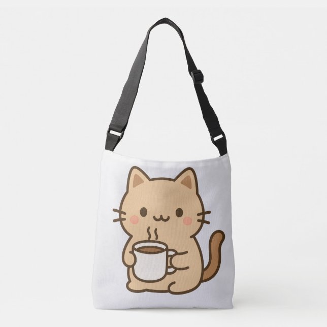 Cute Coffee Cat Kawaii Cozy Aesthetic Design Crossbody Bag (Front)