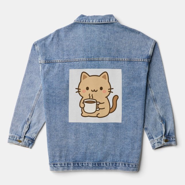 Cute Coffee Cat Kawaii Cozy Aesthetic Design Denim Jacket (Back)