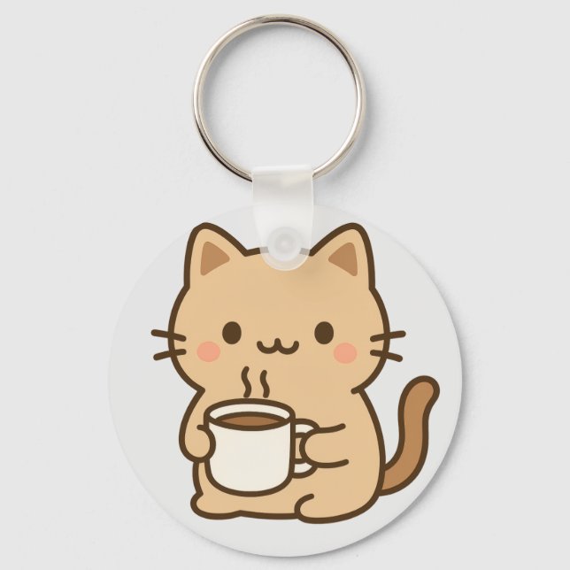 Cute Coffee Cat Kawaii Cozy Aesthetic Design Key Ring (Front)