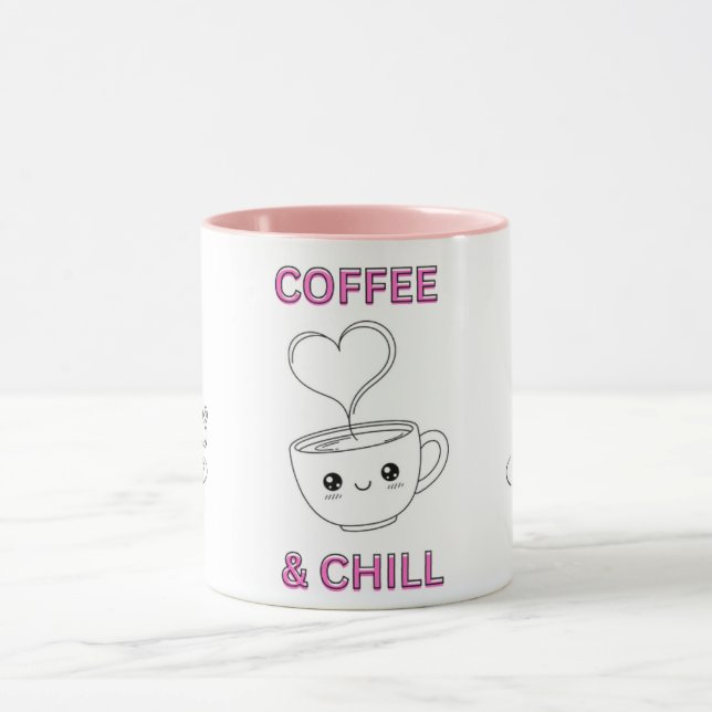 Cute "Coffee & Chill" Kawaii Mug – Coffee Lover GF (Center)