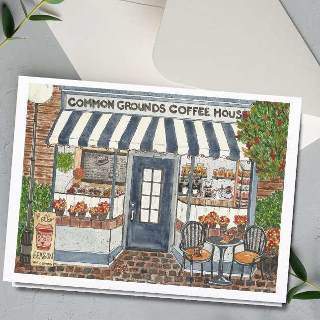 Cute Coffee House Storefront Watercolor Card (Creator Uploaded)