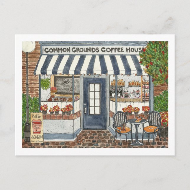 Cute Coffee House Storefront Watercolor Postcard (Front)