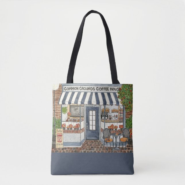 Cute Coffee House Storefront Watercolor Tote Bag (Front)