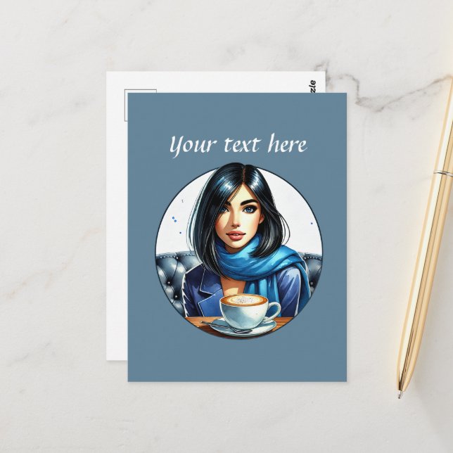 Cute coffee lady add text  postcard (Front/Back In Situ)