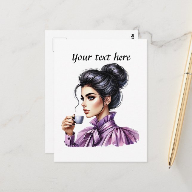 Cute coffee lady add text postcard (Front/Back In Situ)