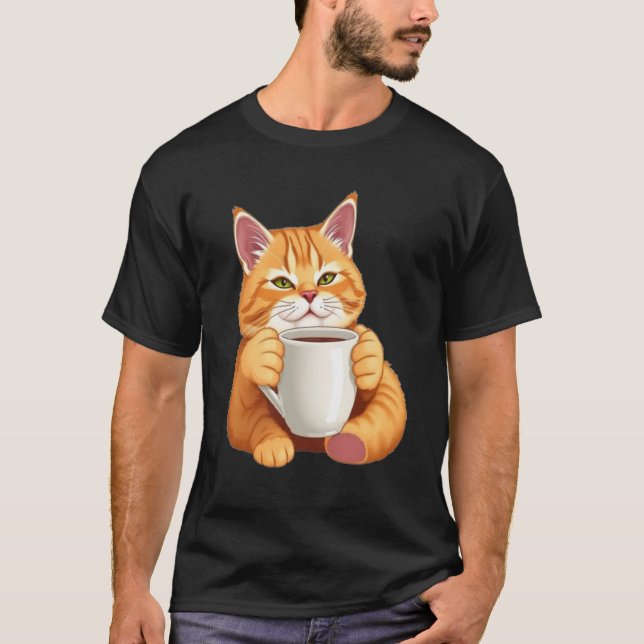 Cute Coffee Lover Cat T-Shirt – Funny Cat Drinking (Front)