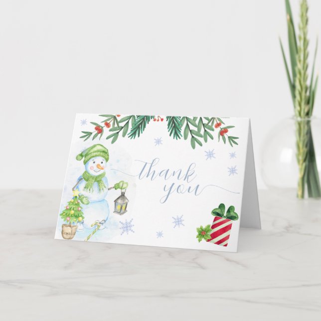 Cute Cold Outside Floral Snowman Baby Shower  Thank You Card (Front)