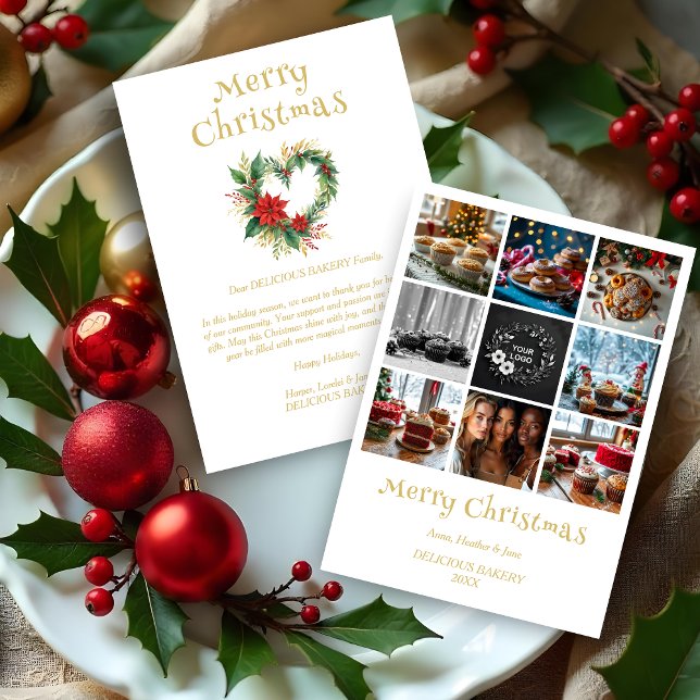 Cute Collage Christmas Wreath Heart-Shape Floral  Holiday Card (Cute Collage Christmas Wreath Heart-Shape Floral Red & Gold 8 Photos Business Holidays Cards.)