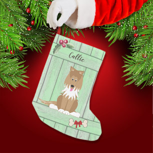 Cute Collie Dog Green Wooden Fence Monogram Small Christmas Stocking