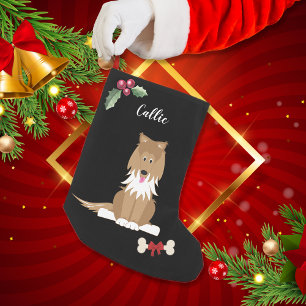 Cute Collie Dog Monogram Black Small Christmas Stocking