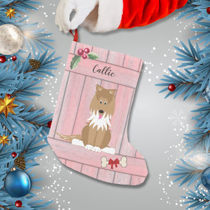 Cute Collie Dog Pink Wooden Fence Monogram Small Christmas Stocking