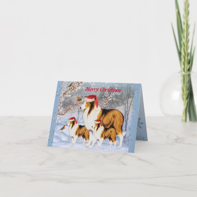 Cute Collie Family in Santa Hats Christmas Card (Front)