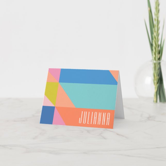 Cute Colorblock Geometric Personalised Name Note Card (Front)