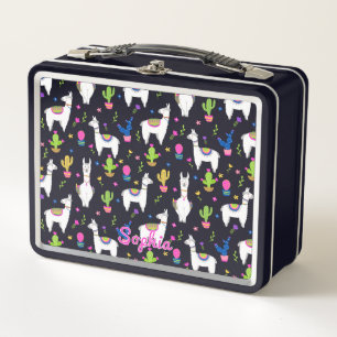 Cute Colorful Alpaca Cactus Custom Name Metal Lunch Box