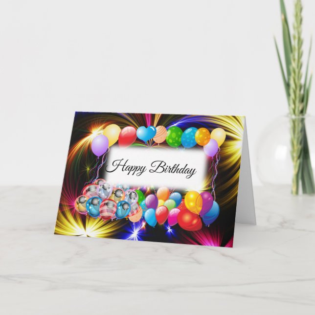 Cute, Colorful Balloons, Fireworks, Birthday Card (Front)