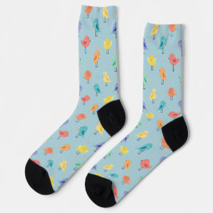 Cute colorful birds cartoon drawing, on blue socks