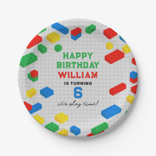 Cute Colorful Bricks Building Blocks Kids Birthday Paper Plate