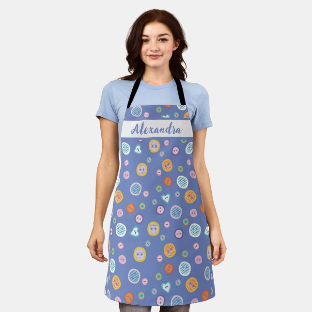 Cute Colorful Buttons & Custom Name on Blue Apron (Worn)