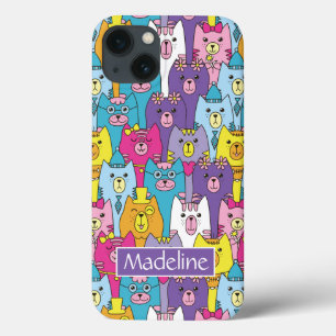 Cute Colorful Cartoon Cats Pattern Add Name iPhone 13 Case