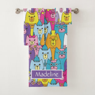 Cute Colorful Cartoon Cats Pattern Personalized Bath Towel Set