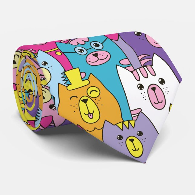 Cute Colorful Cartoon Cats Pattern Tie (Rolled)