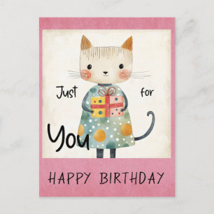 Cute Colorful Cat Present Happy Birthday Postcard