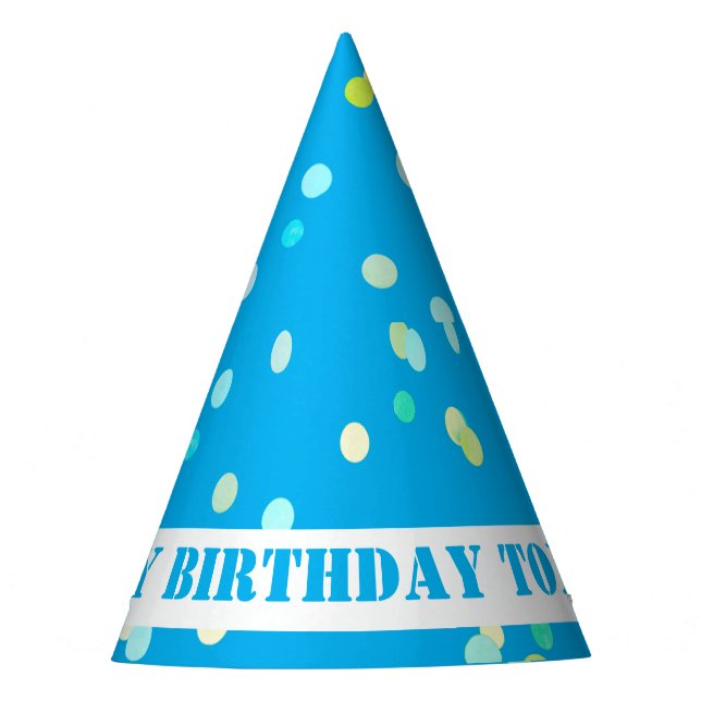 Cute Colorful Confetti Dots Blue Happy Birthday Party Hat (Front)