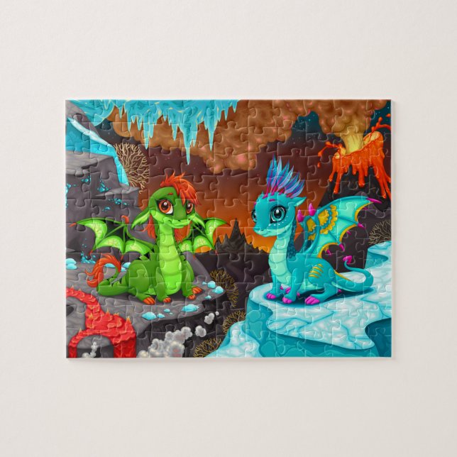 Cute Colorful Dragons Volcano Valley Jigsaw Puzzle (Horizontal)
