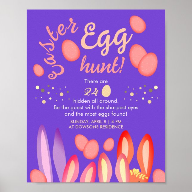 Cute Colorful Easter Egg Hunt Bunny Ears Purple Poster (Front)