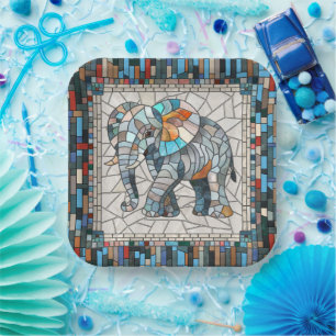 Cute Colorful Elephant mosaic art Paper Plate
