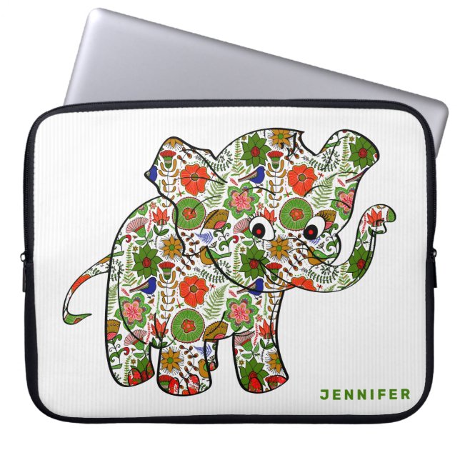 Cute Colorful Floral Baby Elephant Laptop Sleeve (Front)