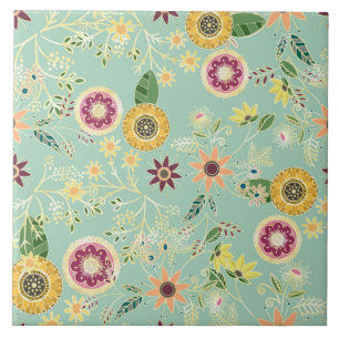 Cute Colorful Folk Floral Original Golden Design Tile