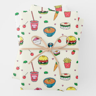 Cute Colorful Food Pattern on White Wrapping Paper Sheet