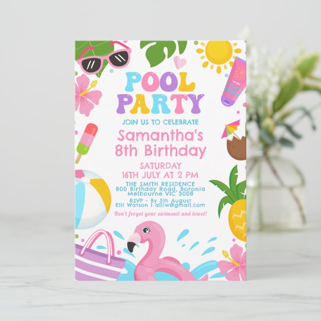 Cute Colorful Girls Retro Pool Party Birthday Invitation (Standing Front)