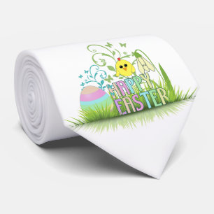 Cute Colorful Happy Easter Egg, Chick and Snowdrop Tie