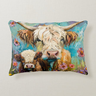 Cute colorful highland cow and calf in a meadow decorative cushion