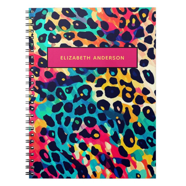 Cute Colorful Leopard Animal Print Custom Name Notebook (Front)