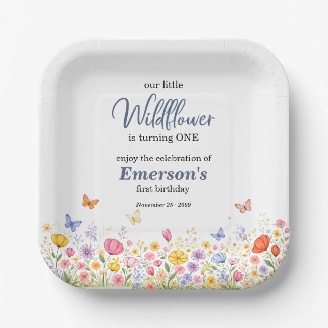 Cute Colorful Little Wildflower 1st Birthday Party Paper Plate (Front)