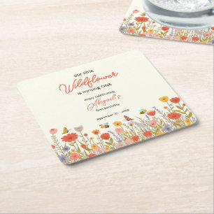 Cute Colorful Little Wildflower Bee's 1st Birthday Square Paper Coaster