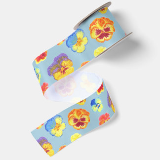 Cute Colorful Pansy Print with Spring Blue Satin Ribbon