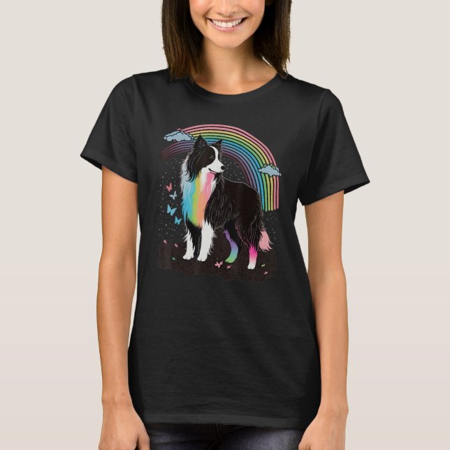Cute Colorful Rainbow Border Collie T-Shirt (Front)
