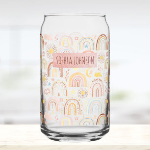 Cute Colorful Rainbows and Daisy Flowers Abstract Can Glass