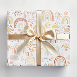 Cute Colorful Rainbows and Daisy Flowers Abstract Wrapping Paper Sheet