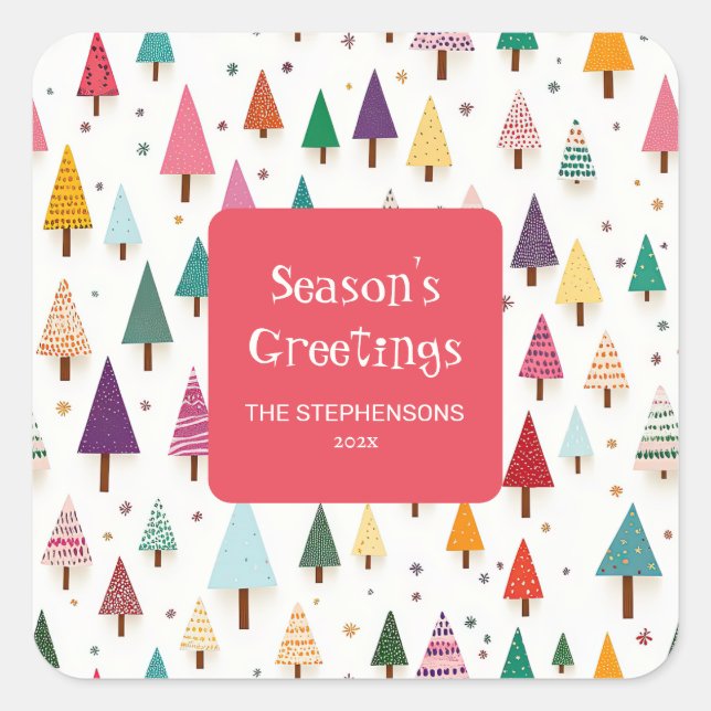 Cute Colorful Retro Christmas Trees Square Sticker (Front)