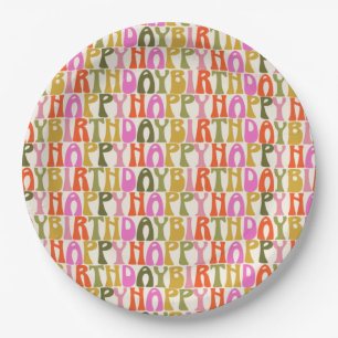 Cute Colorful Retro Happy Birthday Text Pattern Paper Plate