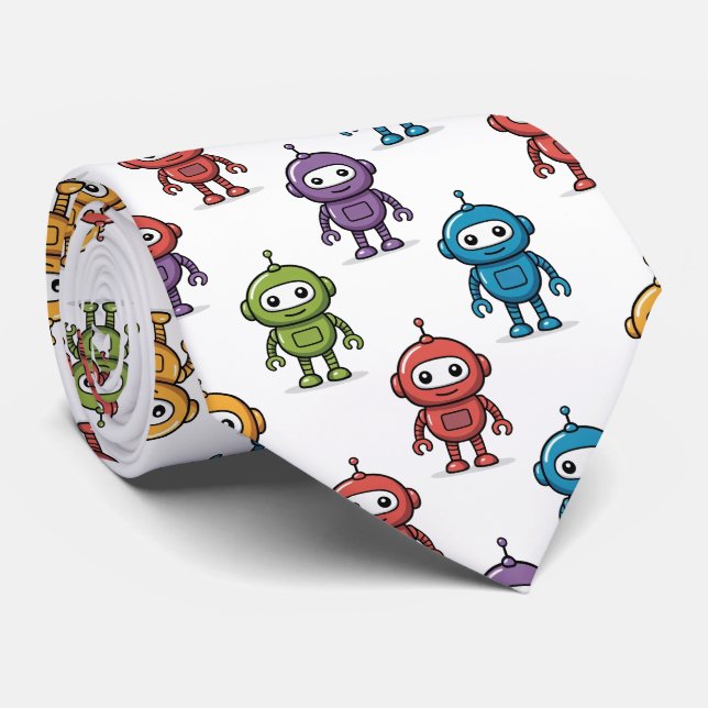 Cute Colorful Robot Pattern Tie (Rolled)